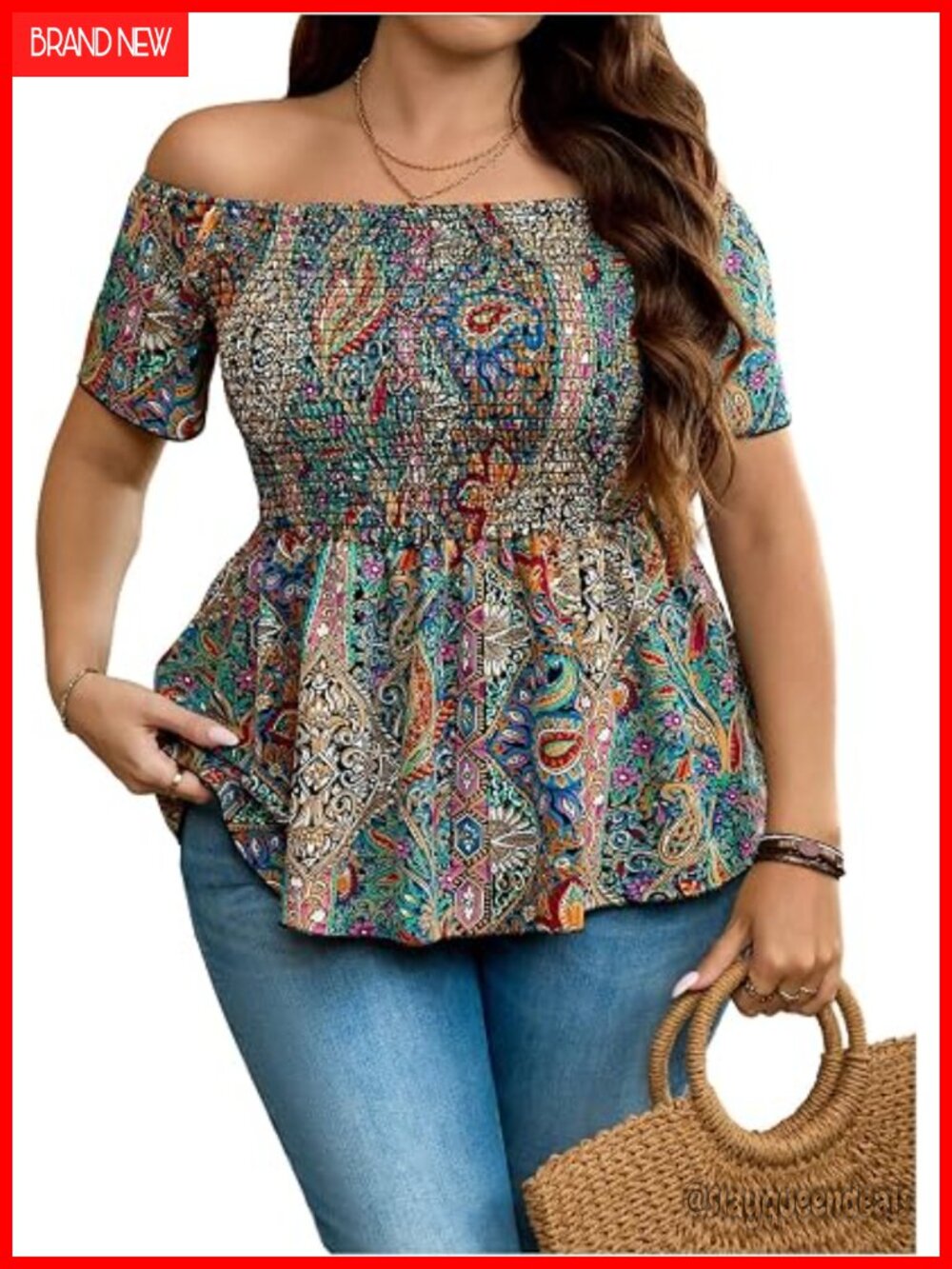 Plus Size Off Shoulder Peplum Top Paisley Smocked Boho Blouse for Going Out